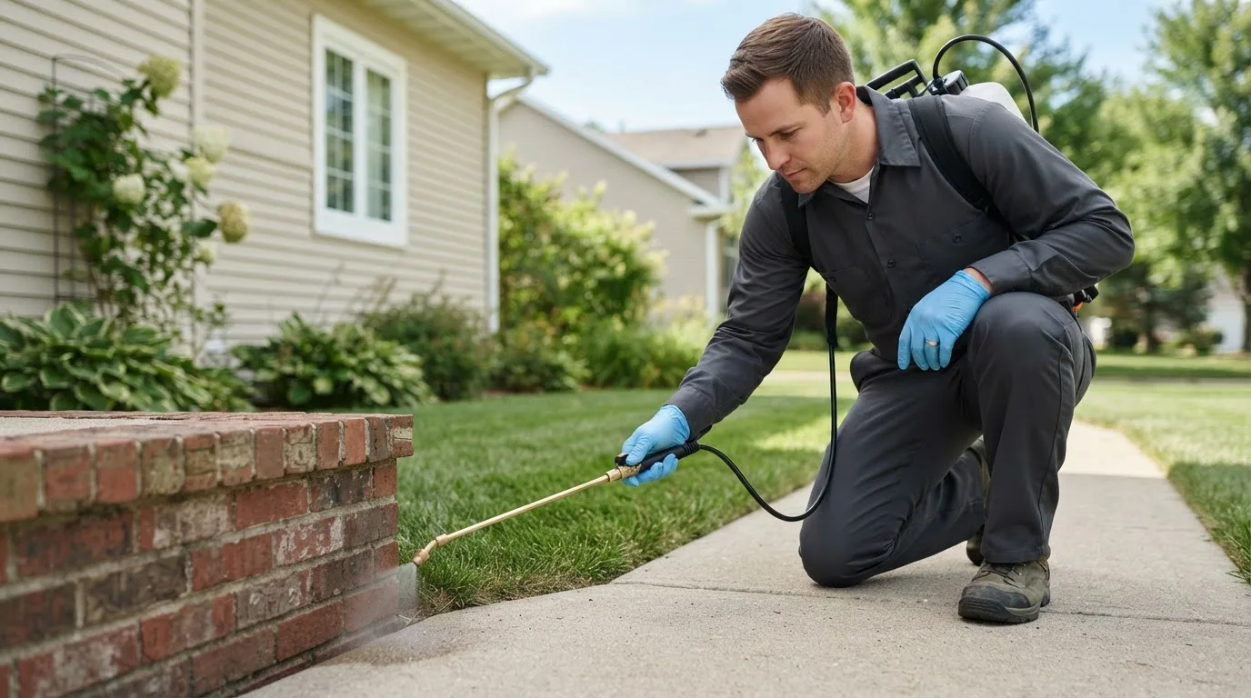 Pest control technician treating a home near Sterling, OH