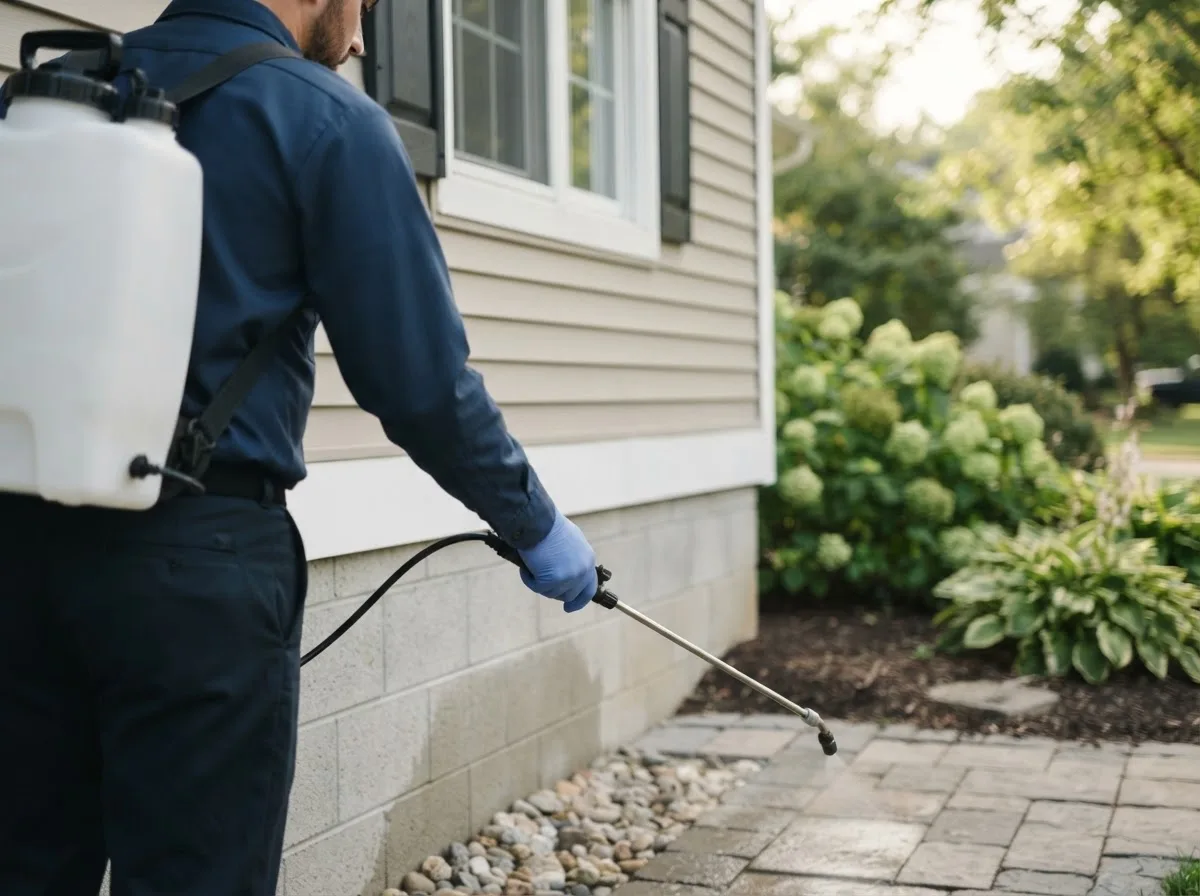 Pest control technician inspecting a home in Sterling, OH